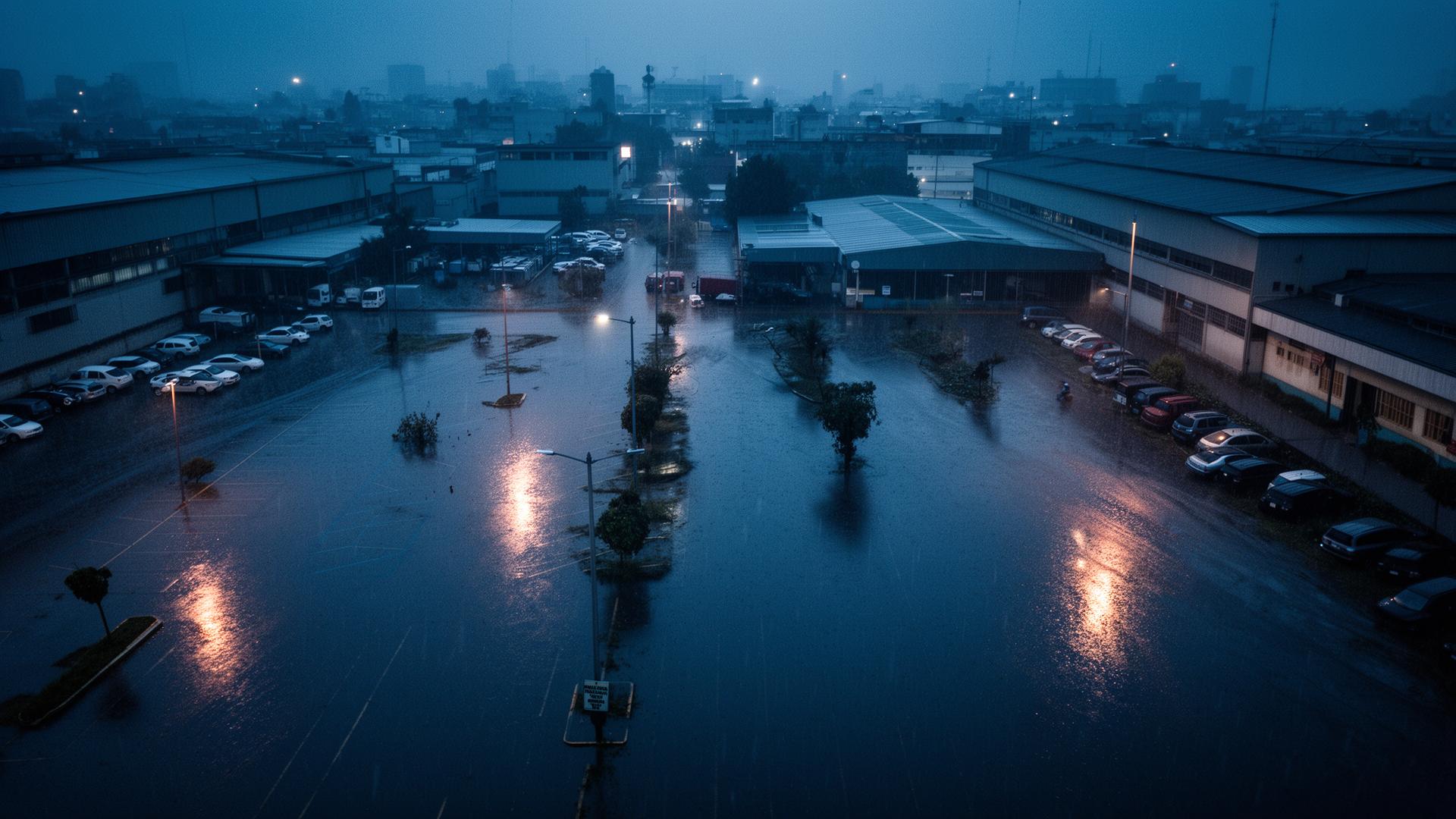 Estacionamiento industrial inundado durante tormenta en Guadalajara